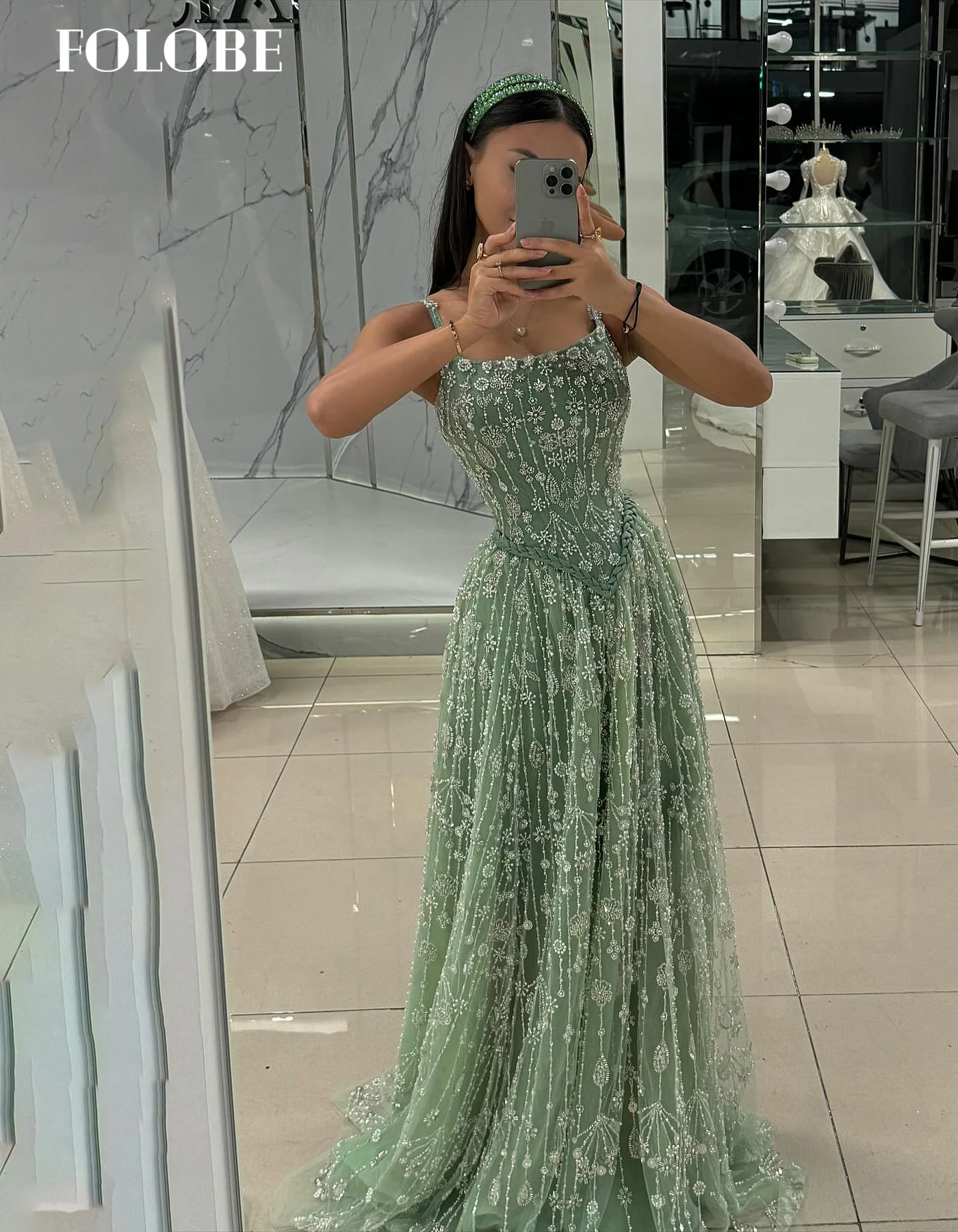 FOLOBE เซจสีเขียวเอ-ไลน์ชุดราตรีคริสตัลมุกผู้หญิงที่สง่างามชุดแต่งงานชุดราตรีที่กำหนดเอง
