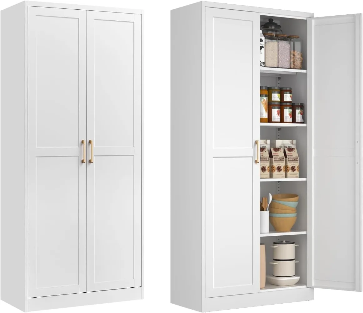 White Kitchen Pantry Cabinet, Pantry Storage Cabinet with Doors and Adjustable Shelves, Metal Food Pantry Cabinets with