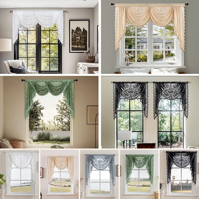 1PC European Luxury Waterfall Valance Sheer Rod Pocket Curtain With Bead Details Jacquard Lace Wave Curtain For Home Decoration