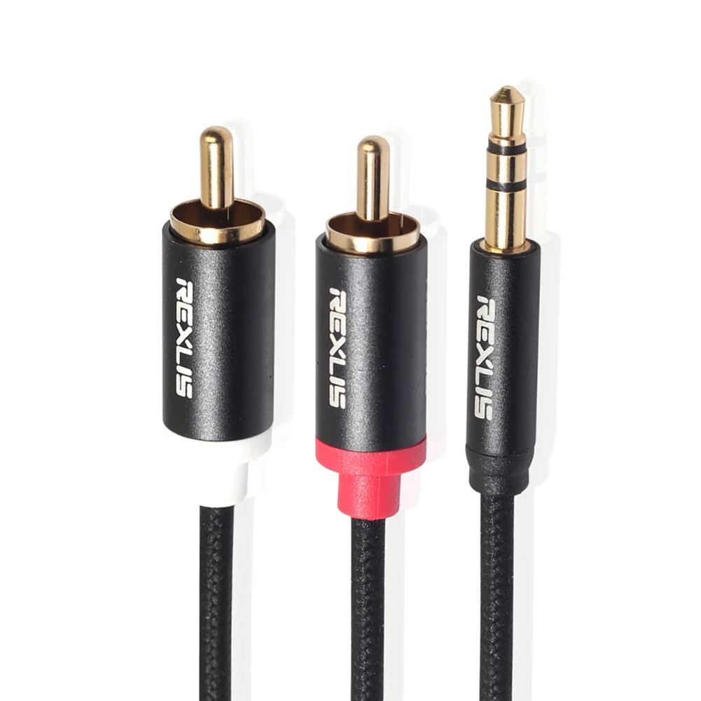 Trançado Aux Cabo para Home Theater Speaker, Jack, macho para 2 RCA, algodão, 3,5mm