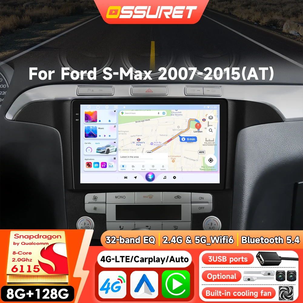 Android Autoradio für Ford S-Max S Max 2007-2015 Kabelloses Carplay Auto-Multimedia GPS 360-Grad-Kamera 8-Kern-Haupteinheit Audio