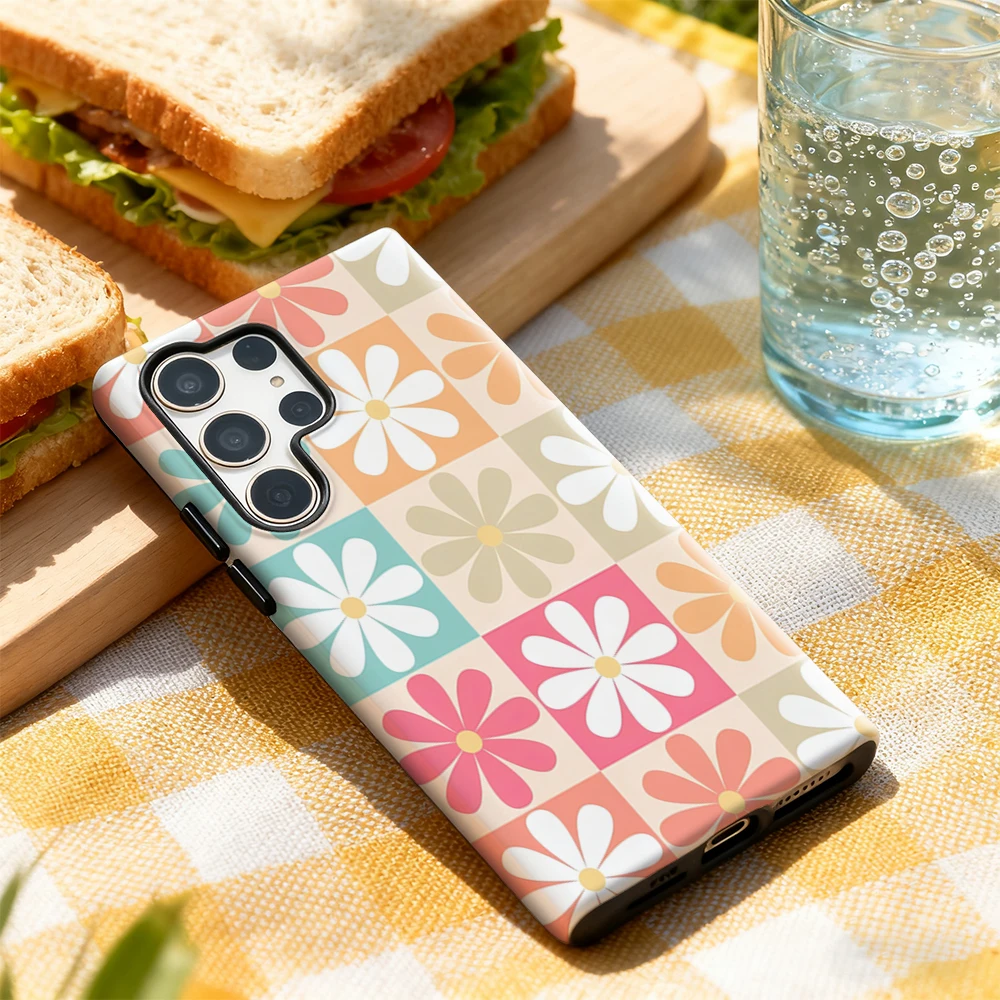 حافظة هاتف مرقعة على شكل زهور لهاتف سامسونج جالاكسي S25 Ultra S24 S23 Ultra Plus غطاء خلفي لامع بطبقة مزدوجة