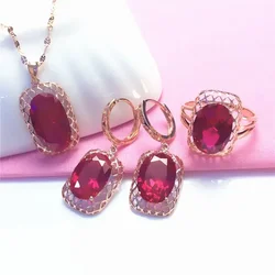 Classic Court Style Ruby jewelry sets Plated Rose Gold necklac New in Wedding rings Charms earrings for women