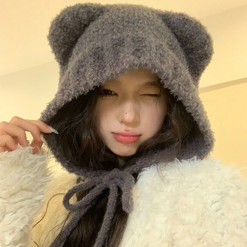 Korea Winter Plush Beanies Cute Bear Ear Wool Hat Warm Lace-up Ear Protection Knitted Bomber Cap Bonnets Knitting Women Gorros