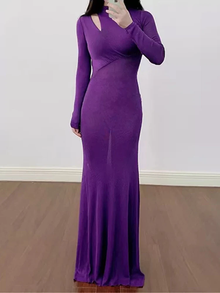 2025년 초가을 신상, 보라색 섹시 컷아웃 슬리밍 바디콘 롱 니트 드레스