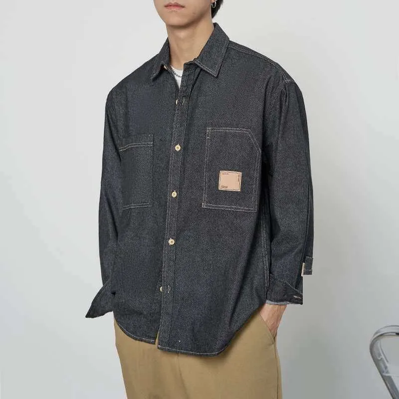 

Men's Denim Long SVE Shirt Spring New PU Leather Thickened Long Sleeve Flip Collar Vintage Style Men's Shirt for Autumn Wear