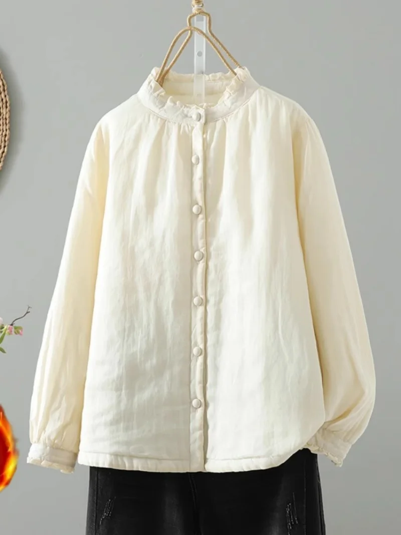 خريف شتاء 2025 المرأة سترة قطن الوردي النمط الصيني القطن الكتان قاعدة مبطن معطف علوي W194