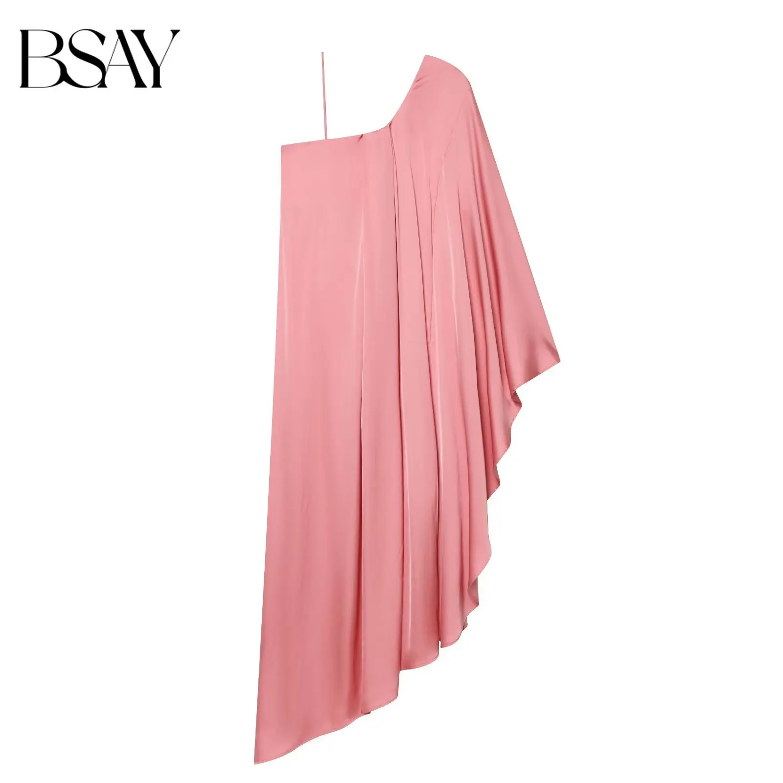 BSAY Neues Damen-Satin-Kleid mit One-Shoulder-Ausschnitt, asymmetrischem Saum, elegantes Abendkleid, Maxikleid mit Spaghettiträgern