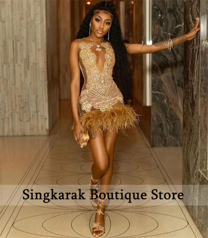 New Design Gold Prom Dress Luxury Bead Rhinestones Feather Birthday Party Cocktail Gowns Robe Custom Homecoming  Customized