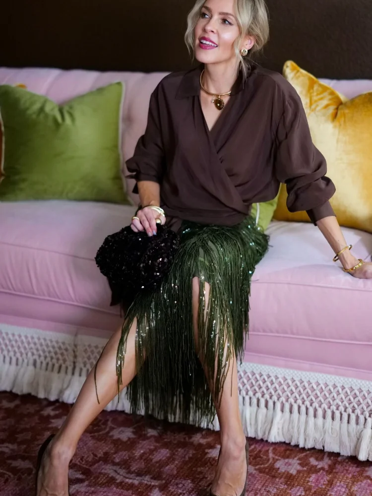 

Women Tassel Green Sequin Midi Skirt Chic High Waist Bodycon Long Shiny Sequined Bottom Lady Christmas Evening Party Club Skirts