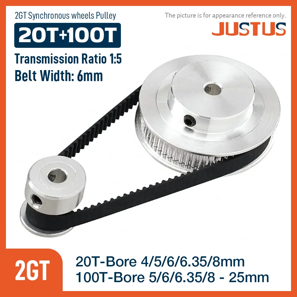 2GT BF  Type Synchronous Pulley Belt Kit 20Teeth 100Teeth 1:5 Reduction Ratio Mechanical Transmission Assembly Bandwidth 6mm