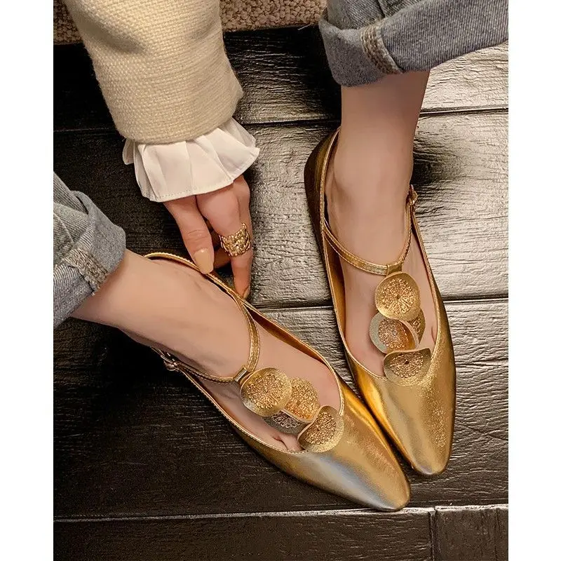 Pointy Toe T Straps Flat Mary Janes Round Golden Print Vintage Ankle Strap Patent Leather Fashion Women Summer Daily Shoes