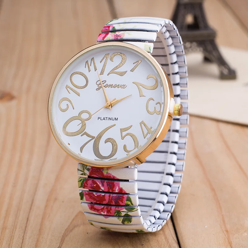 Women\'s Quartz Watch Luxury Ladies Elastic Bracelet Quartz Watch Simple Digital Big Dial Printed Silicone Strap Reloj Mujer