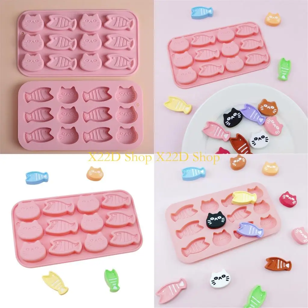 X22D Kitten And Fish Ice Tray Molds For Making Ice Cubes Chocolate Candies Cocktails