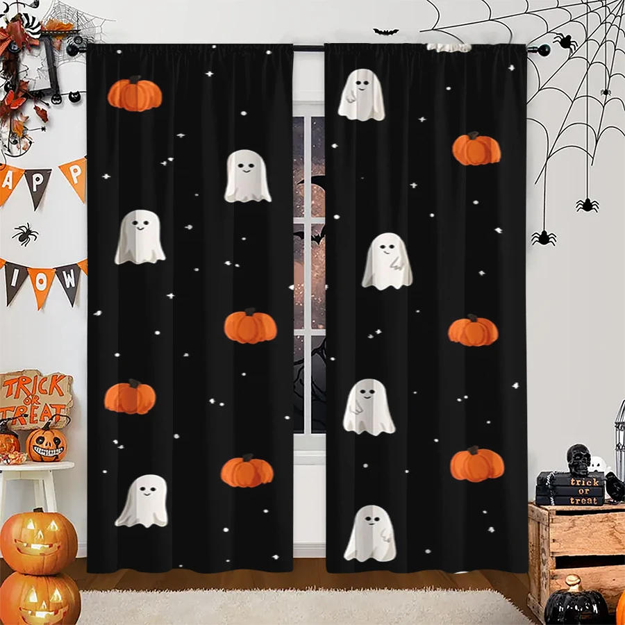 2PCS Digital Print Curtain, White Ghost Orange Pumpkin Stars Black, Halloween Cute Simple for Living Room Bedroom Decor