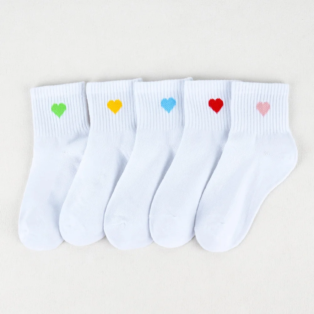 5 Pairs Girls Socks Cute Heart Pattern Comfortable Kids White Socks