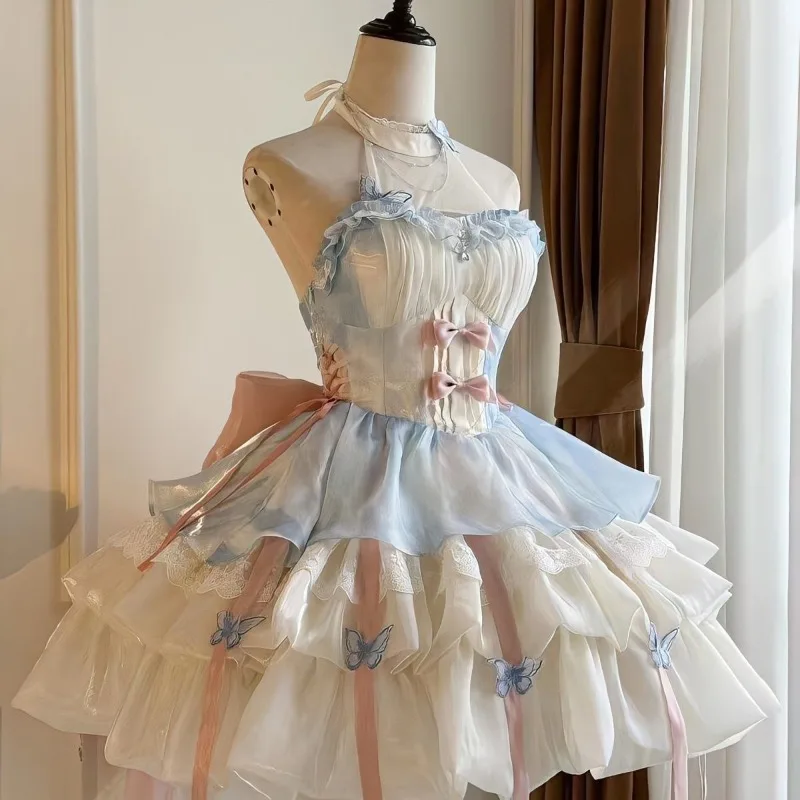 MiiiiX Sweet Lolita Style Halter Neck Strap Dress Women's 2024 Summer Waist Bow Lace-up Ruffles Dress Ball Gown with Crinoline