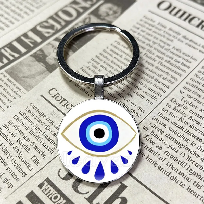 Beautiful Blue Evil Eye Fatima Hand Round Photo Glass Keyring, Protective Lucky Charm Keychain Fashion Daily Accessory