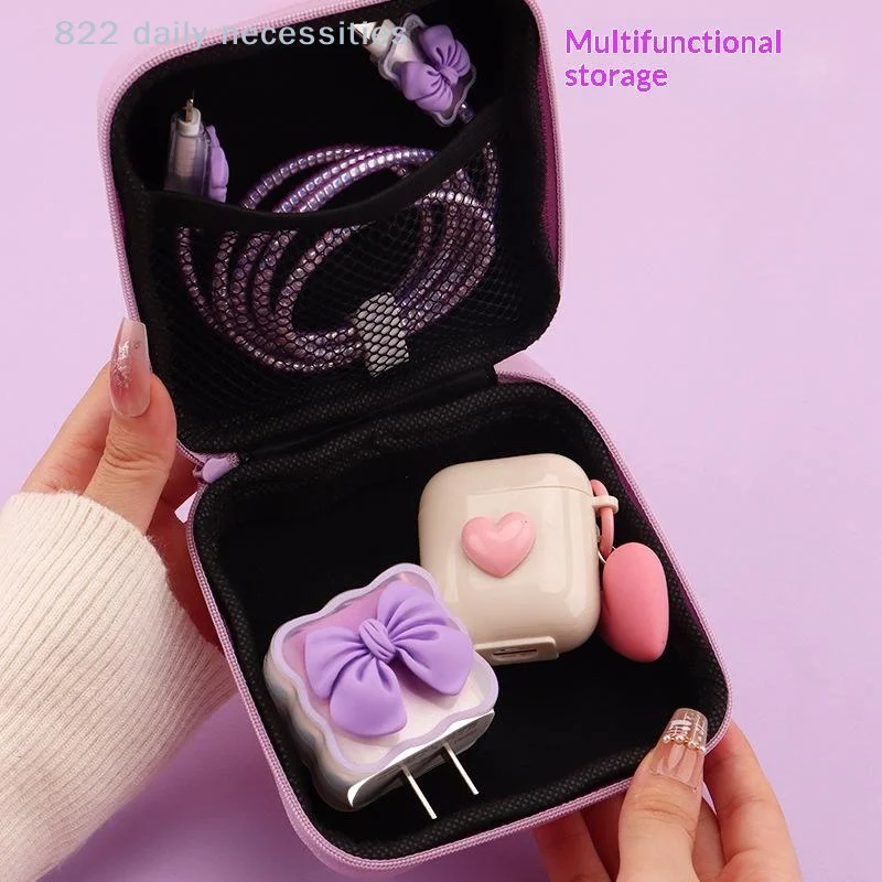 convenient1PC Charger Lid Storage Bag, Cute 3D Heart-shaped Wave Design Charger Protector Travel Storage Box