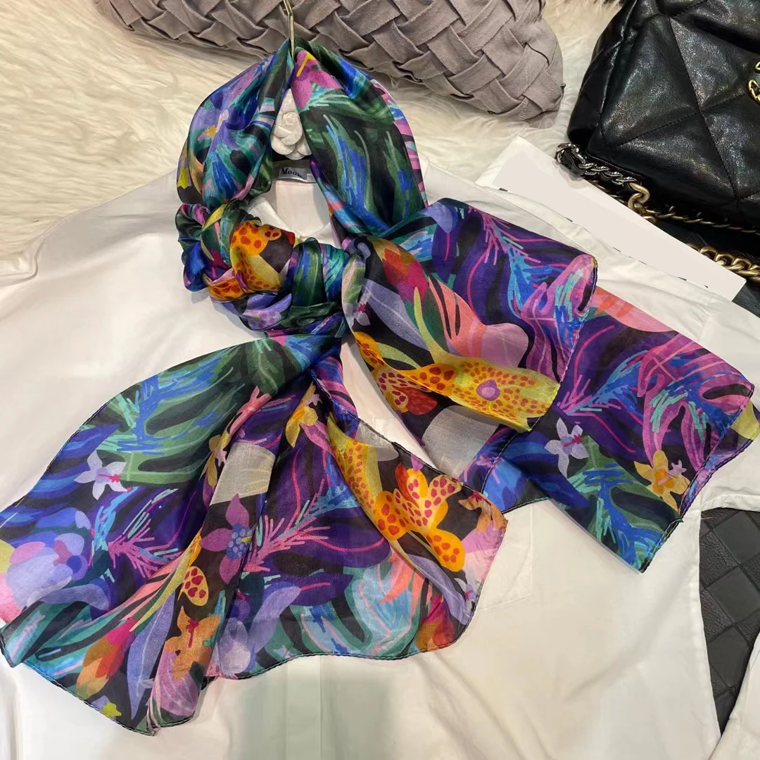 Brand Blue Ladies Long Silk Scarf Shawl 2022 Summer Fashion Beach Shawl Cover Ups Women Pure Silk Scarves Wraps Yellow Orange