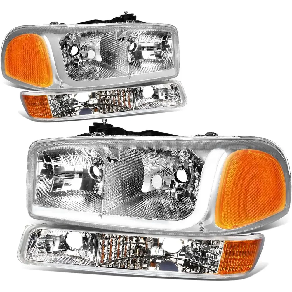 

4Pcs LED DRL Headlights Assembly Compatible with 1999-2007 GMC Sierra Yukon XL GMT800/820, Headlamps with Bumper Lamps and L-Sty