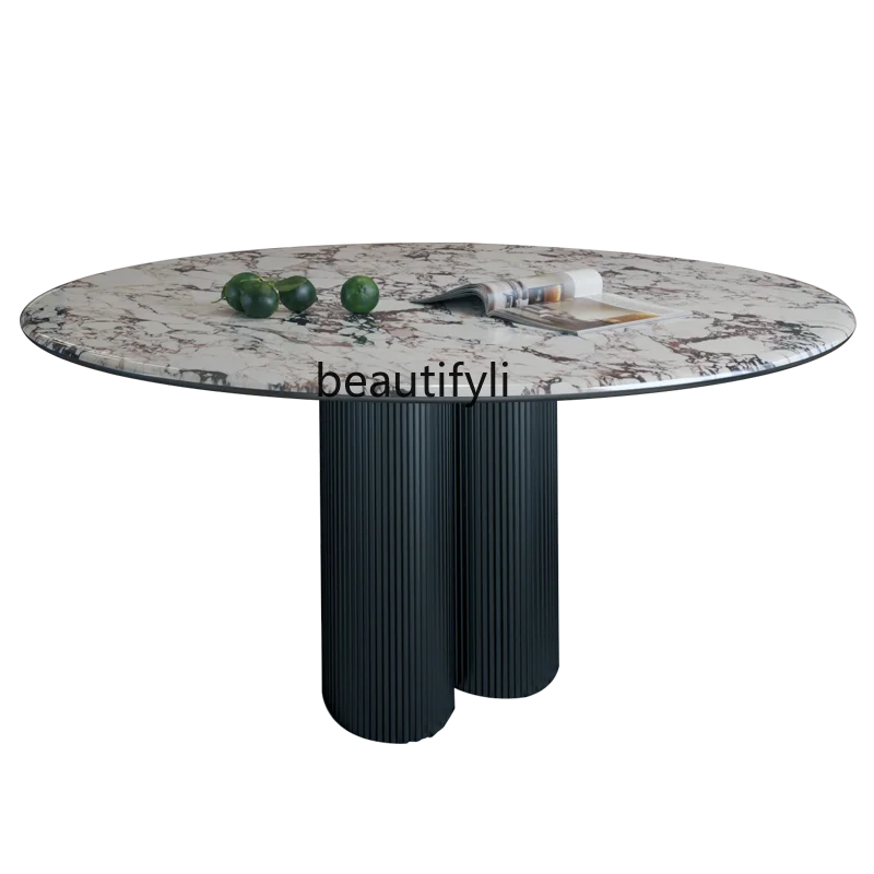 

Round marble dining table with turntable household Italian light luxury French stainless steel table