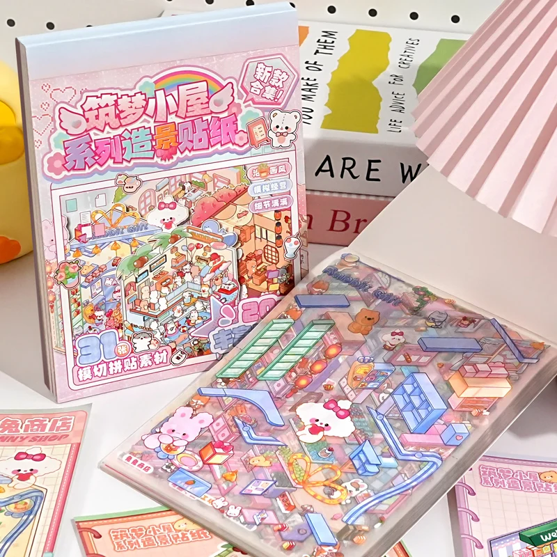

56Pcs Dream Mini House Diorama Clear PET Stickers, Kawaii Cartoon Animal Tiny Room Furniture Scene Journal Decals