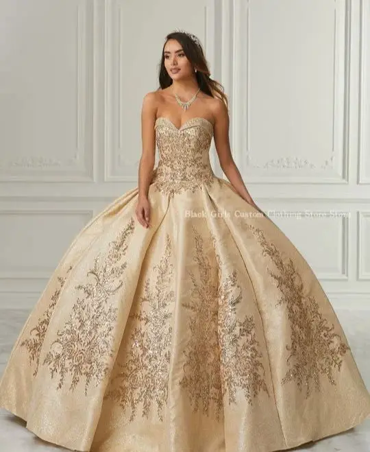 Sevgiliye kılıf balo elbisesi Quinceanera elbiseler şampanya korse boncuklu aplike Sequins meksika A-line balo elbise