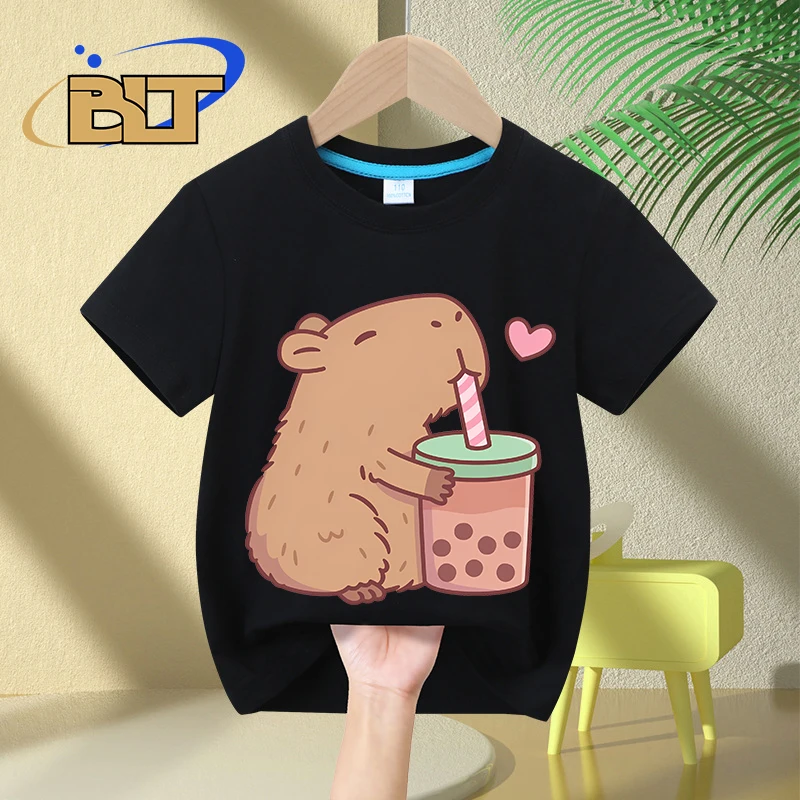 Cute Capybara Loves Bubble Tea print kids T-Shirt summer children\'s pure cotton short-sleeved casual tops boys and girls gifts