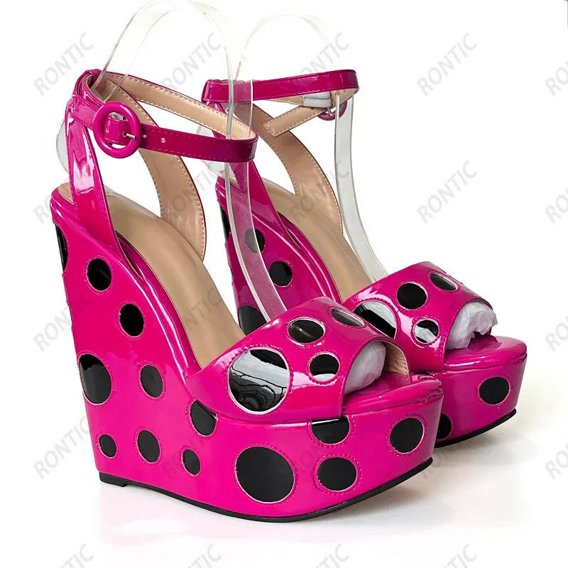 

Rontic Handmade Women Platform Mules Sandals Wedges Heels Round Toe Gorgeous Purple Red Party Shoes Ladies US Plus Size 5-16