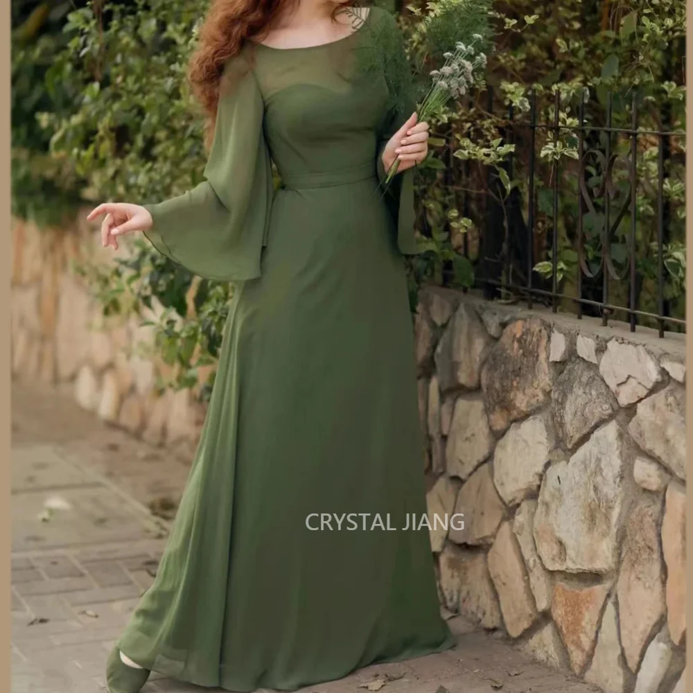 

Classy Long Green Scoop Neck Chiffon Evening Dresses Full Sleeves A Line Floor Length Vestidos De Noite Party Gowns