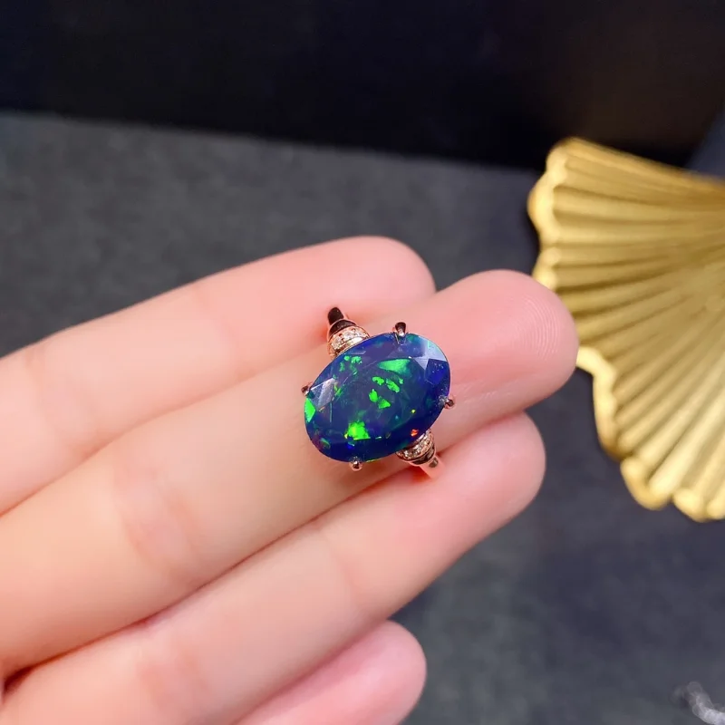 Fine Jewelry Ring for Party10x14mm Facet Natural Black Opal Luxury 925 Silver Opal Ring Gift for Woman