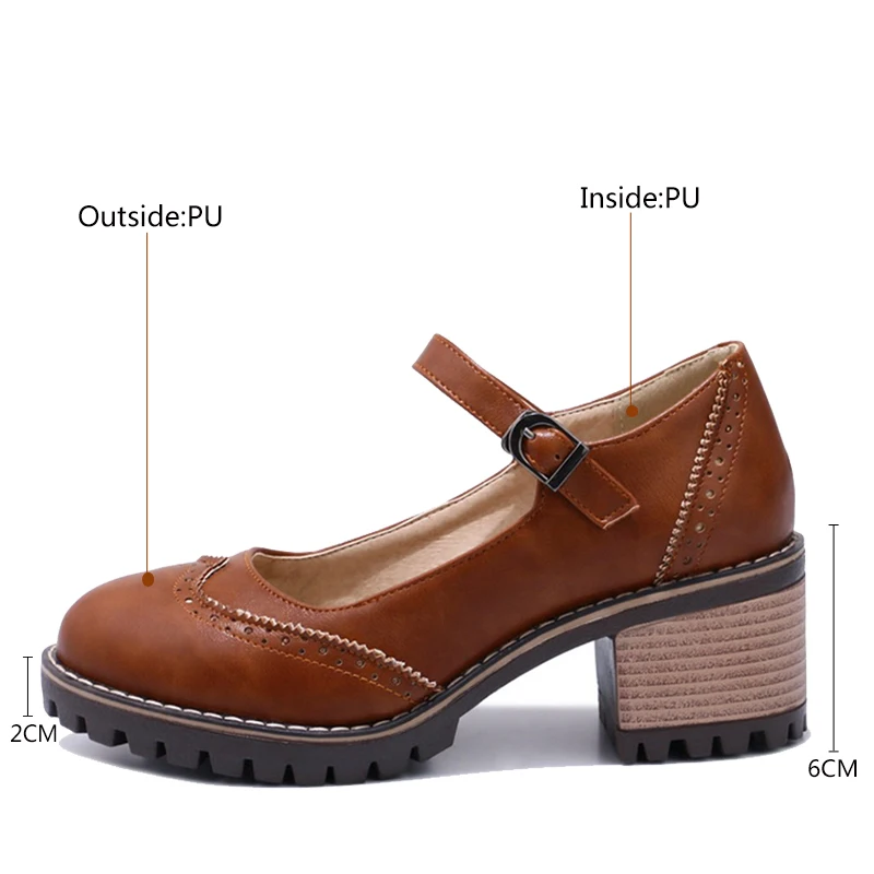 SIMLOVEYO Mary Janes 6cm Chunky heels Brogue Buckle Pumps Vintage Mid heels Carved Ladies shoes Plus size 42 43 Retro D006