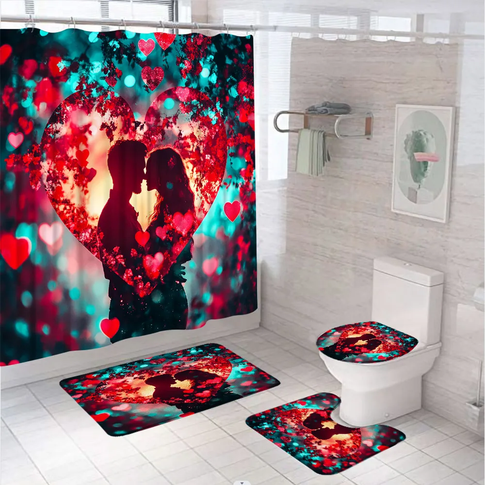 Valentine's Day Shower Curtain Set For Bathroom Decor Red Love Heart Romantic Groom Bride Anti-slip Bath Mats Toilet Cover Rug