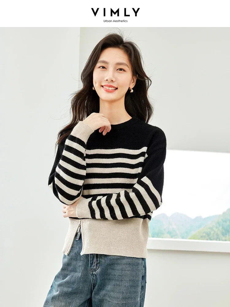 Vimly Women's Contrast Striped Knitted Sweater 2023 Winter Pullover Jumper Long Sleeve Tops Casual Thick New in Knitwears 72535