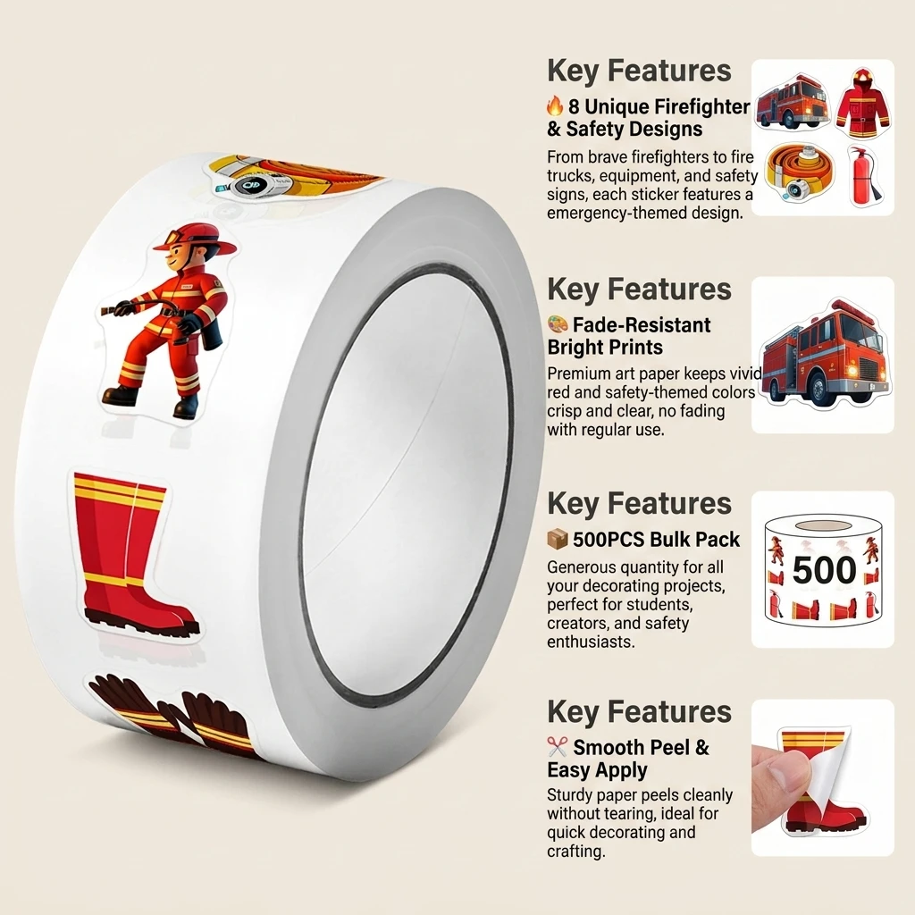 1Roll(500Pcs) Patterns of Firefighters and Firefighting Equipments Stickers 2.5cm/1.0'' 8 Designs Decals Diy Adorn Gifts Packs