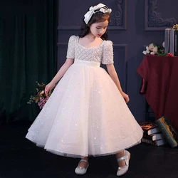 Little Girls Elegant Party Gown Girls Luxury Beaded Square Neck Prom Pageant Dress Kids Princess Tutu Long Graduation Dresses