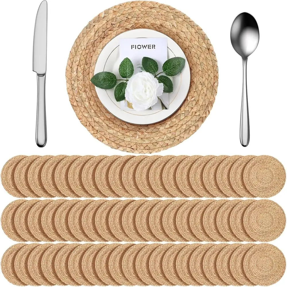 

60 Pcs Round Placemats Bulk Plate s Set 11.8 Inch Woven Placemat Rustic Braided StRattan Natural Water Hyacinth Place Mat or Wed