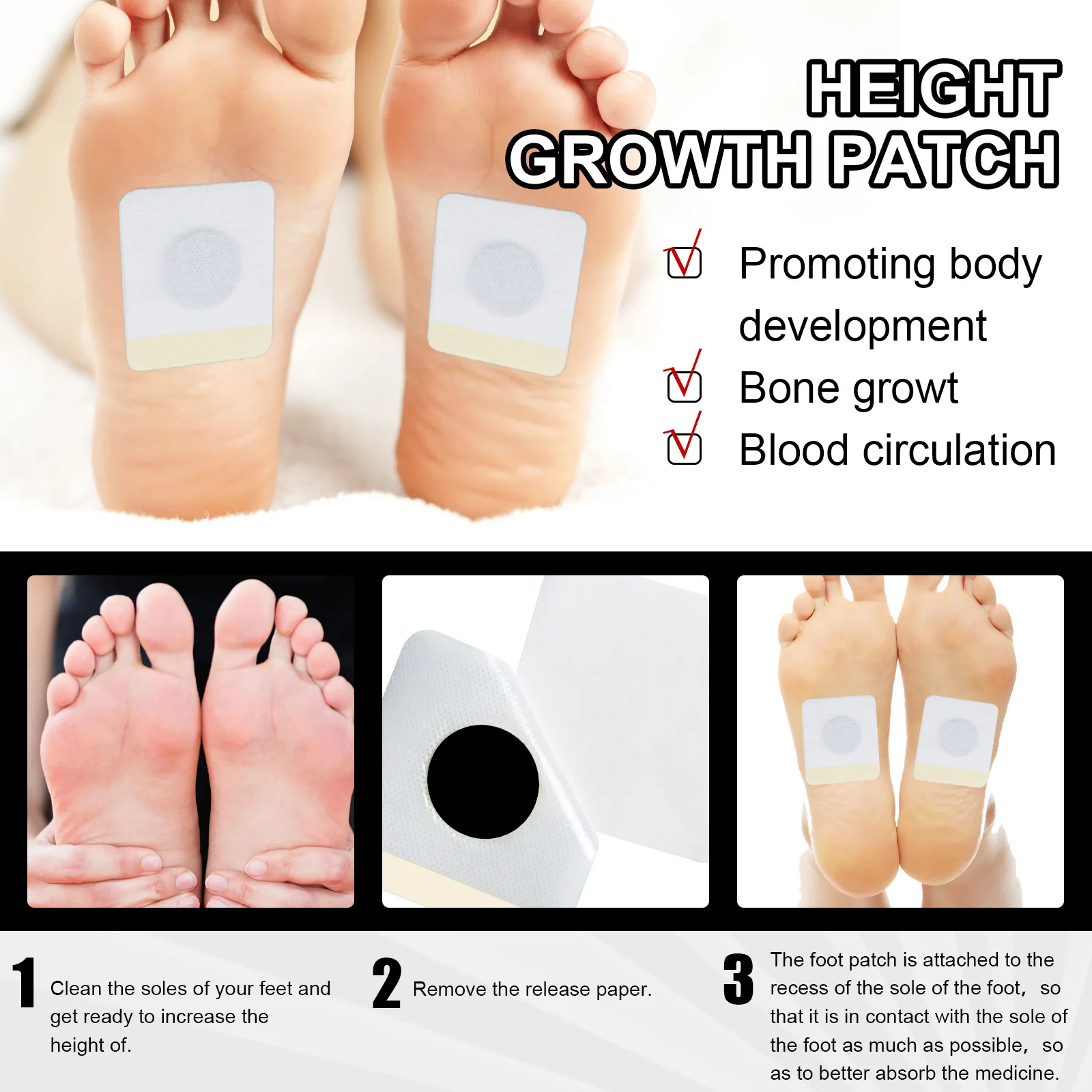 Height Enhancer Foot Patch Promote Body Grow Taller Bone Growth Heightening Acupuncture Points Stimulation Height Increase Patch