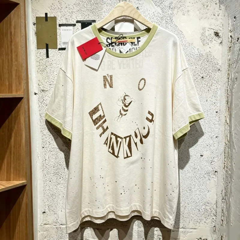 Yellow Green Contrasting Round Neck Bee Splashed Ink Short Sleeve NO THANK YOU Fun Slogan SECND SLF Tshirts Summer Men Women Tee