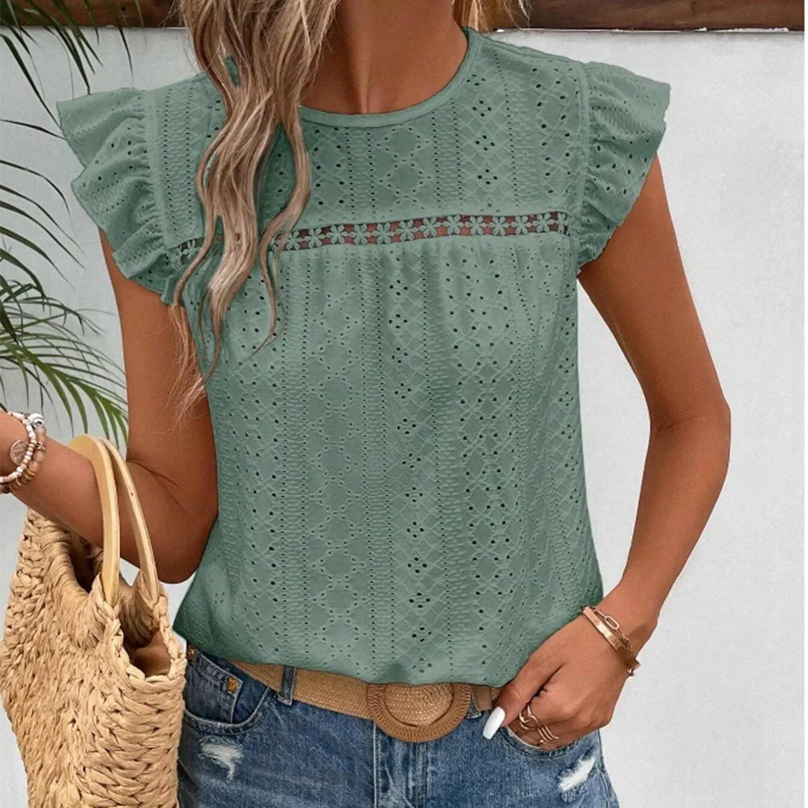 Women Hook Flower Hollow Flying Sleeve Blouse Summer Crew Neck Solid Color Lace Blouse Casual Elegant Slimming Female Blouses