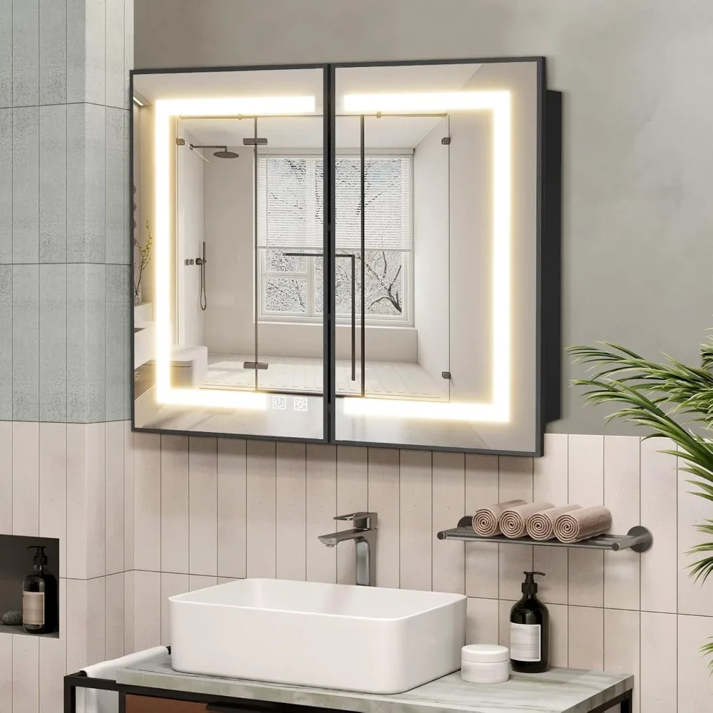 Illuminated medicine cabinet with mirror, wall-mounted bathroom mirror with storage, 2-door bathroom wall cabinet with LED light