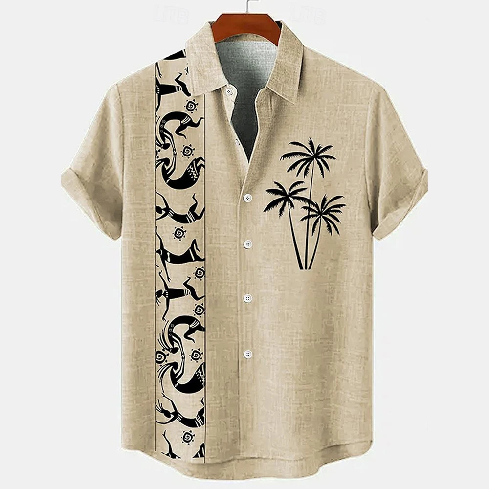 Vintage Men\'s Shirt Ethnic Pattern Print Short Sleeve Lapel Shirts Summer Male Oversized Clothing Fashion Casual Streetwear