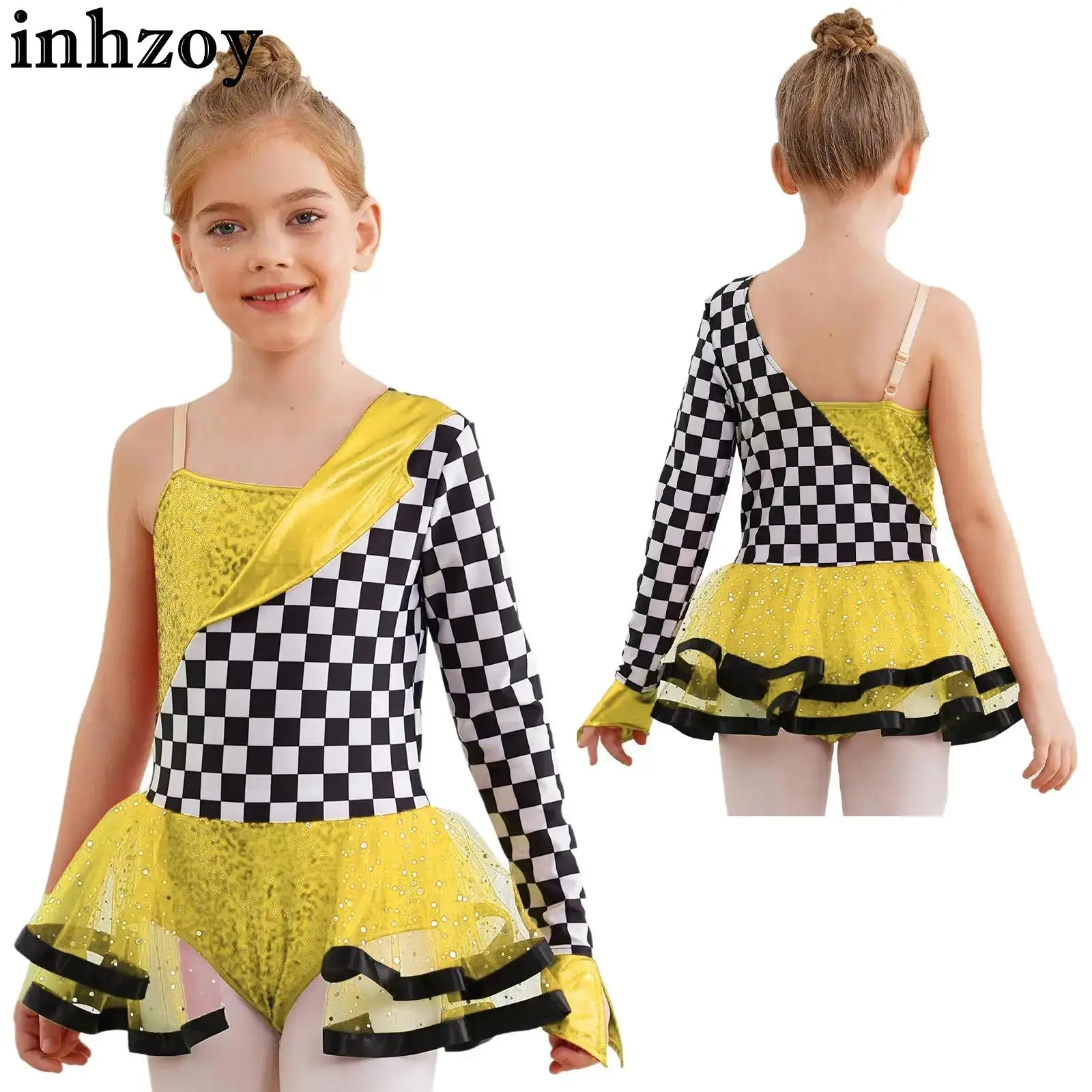Teen Girls Halloween Racer Racing Car Driver Cosplay Costume One Shoulder Checkerboard Sequins Tutu Leotard Dress for Carnival
