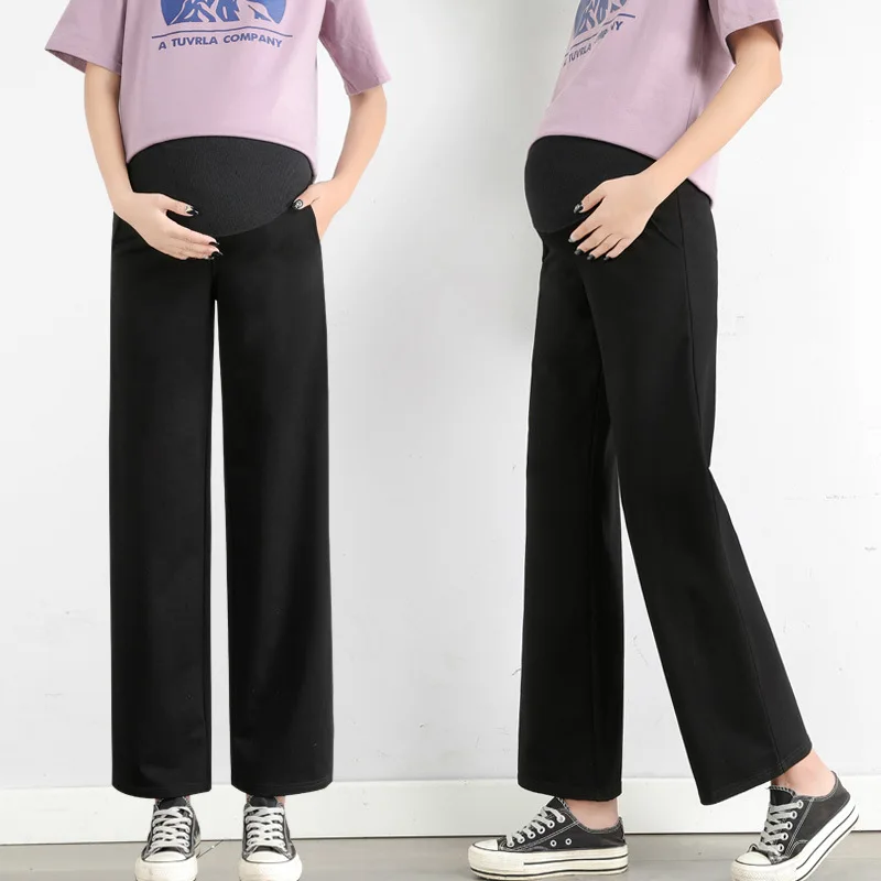 Plus Size Maternity Pants Loose Wide Leg 9/10 Length Casual Pregnancy Trousers Stretch Waist Comfortable Leggings for Women