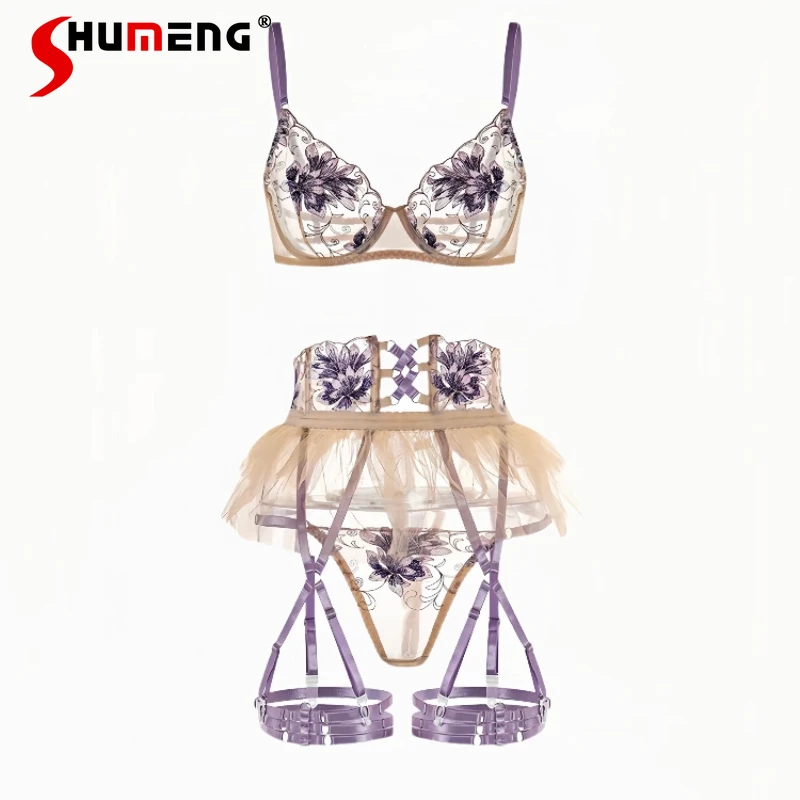 

Sexy Underwear Lingerie for Women Couples Fun Embroidered Underwear Bra Set Female Four Piece Set Pure Desire Intimates Suits