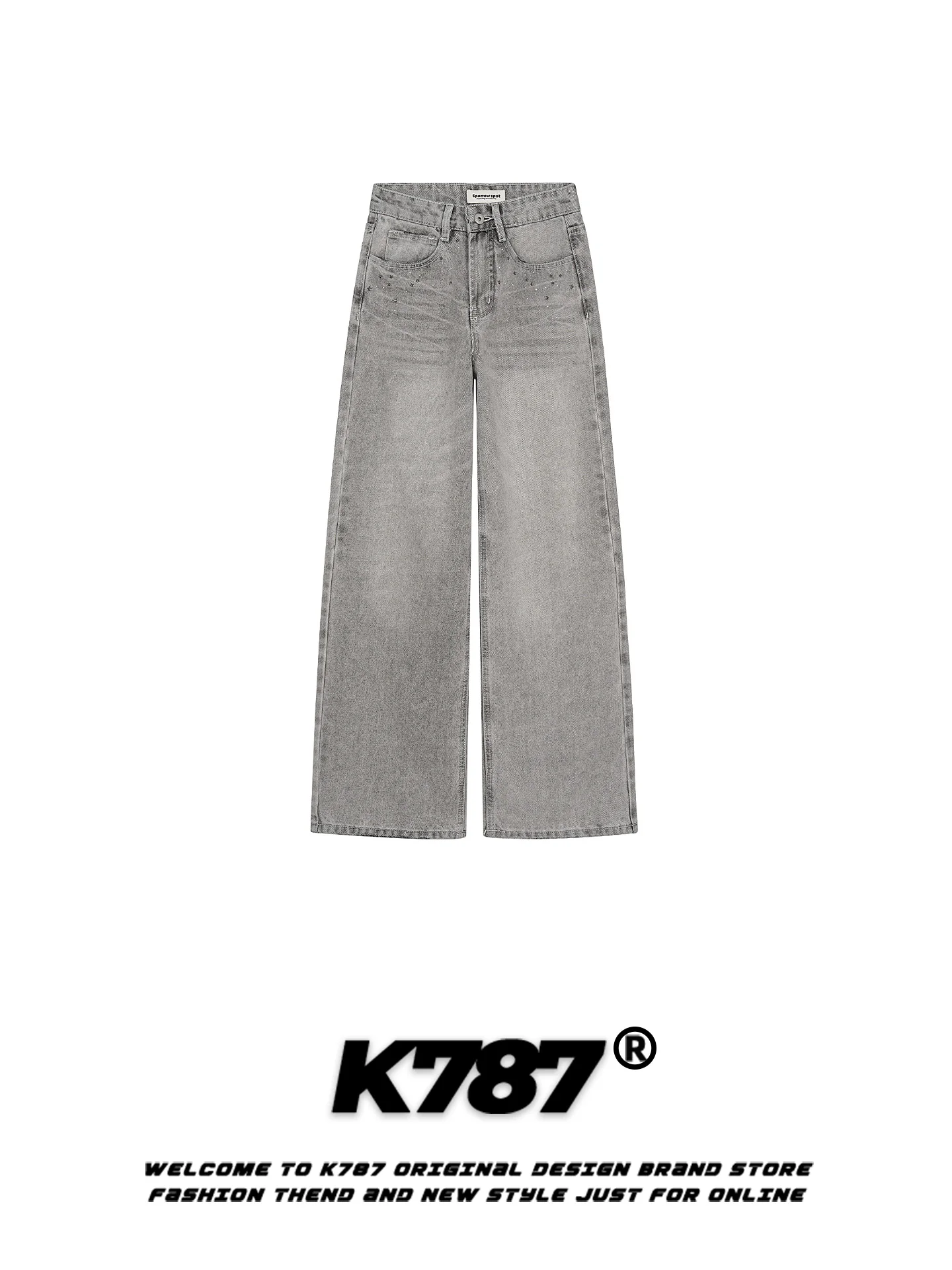 

K787 American Retro Star Rivet Jeans Loose Straight Leg High Waist Slimming Streetwear for Men And Women Casual Cotton Blend