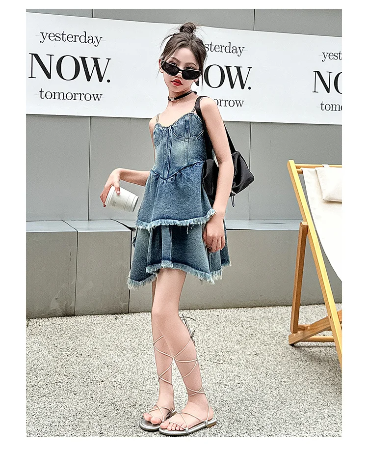 Jeanskleider für Teenager-Mädchen, ärmellose Sommerkleider, einteilige Kleidung, Kinder-Jumpsuit, Overalls, einfarbiges Kleid, modisches Kinderkostüm – Detail 9
