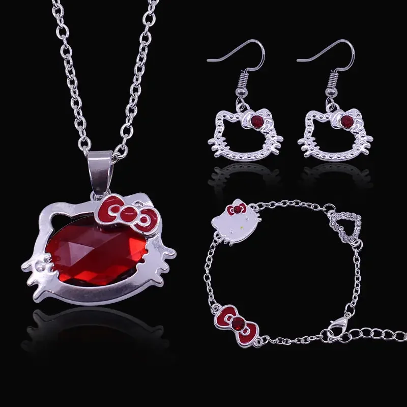 Sanrio Hello Kitty Necklaces Alloys Bracelets Earrings Girls Cartoon Cute Red Rhinestone Jewelry Sets for Women Christmas Gifts