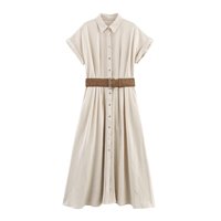 Women's Summer 2025 New Dress with Belt Women's Simple Style Fashion Versatile Temperament Linen Blended Midi Shirt Dress